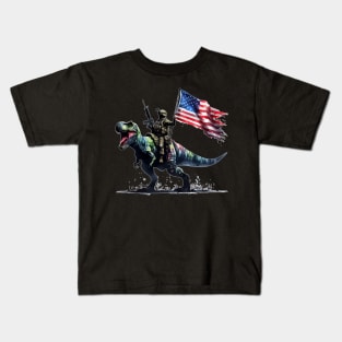 American 4th Of July Soldier Riding on Tyrannosaurus Kids T-Shirt